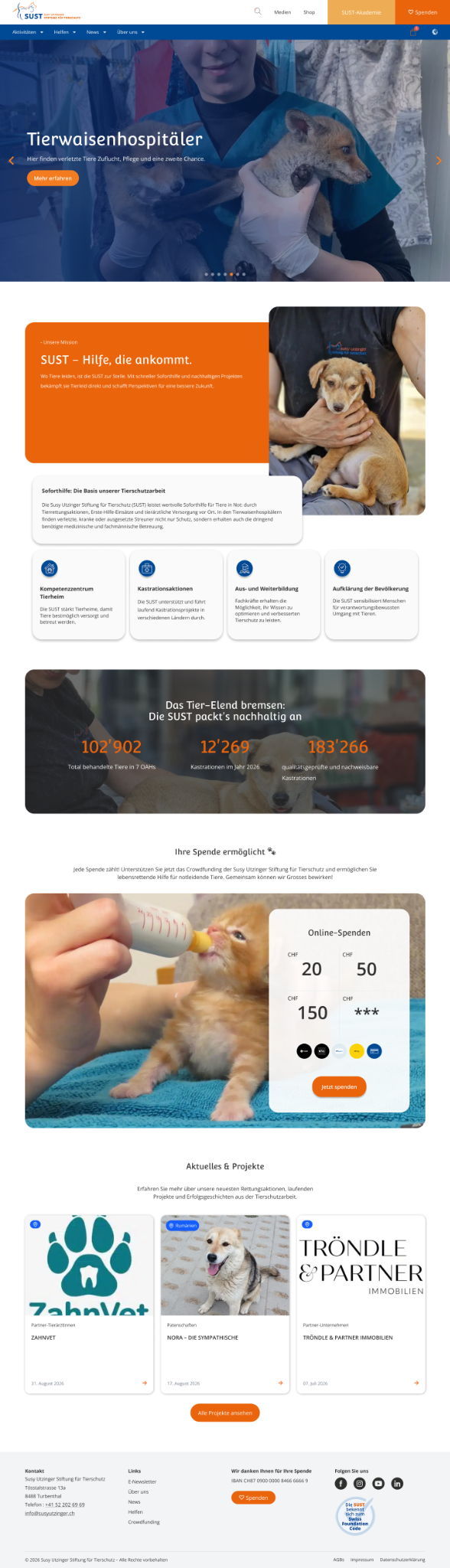 Website von Susy Utzinger Stiftung für Tierschutz auf einem Laptop-Bildschirm